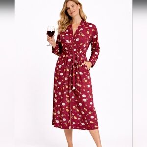 MeUndies Wine Lover Robe Womens Burgundy Wine & Cheese Print Hooded Small Medium